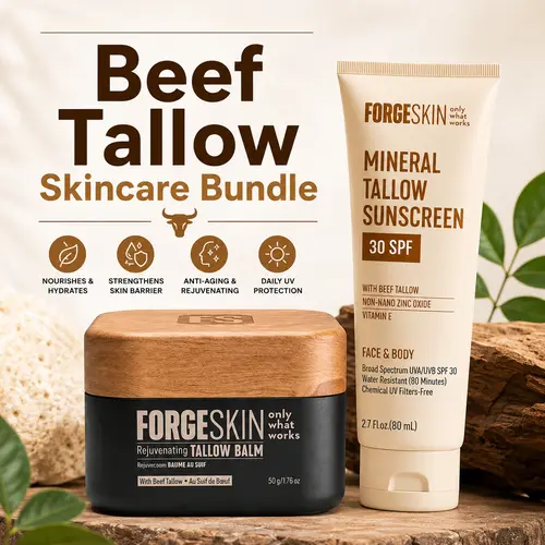Beef Tallow Skincare Bundle: Forge Skin Wrinkle Defense Beef Tallow Balm Moisturizer Hydrating Anti-Aging + Mineral Tallow Non Nano Zinc Oxide Sunscreen SPF 30