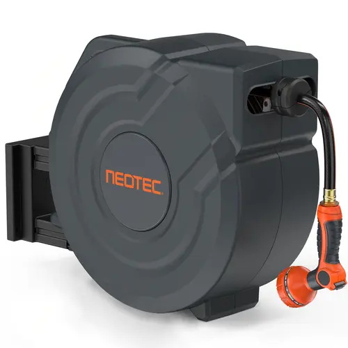 NEOTEC Retractable Garden Hose Reel 100 feet - wall mounted, with 3/4 inch brass fittings and 9-type nozzle - automatic rewinding system, locking at any length, 180 ° rotating bracket wall mounted, for watering, flushing