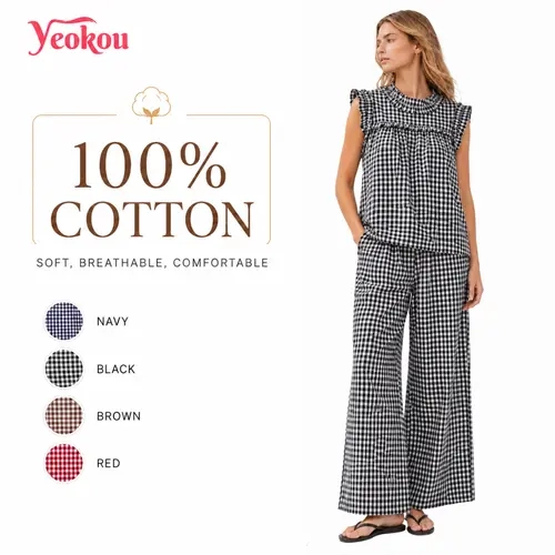 Yeokou Women's Gingham Plaid 2-Piece Outfit, Cute Scoop Neck Ruffle Top and Wide Leg Pants Set for Summer Beach Vacation, Cruises, Clothes, Women's Clothes, Basic, Sets For Women 2 Piece