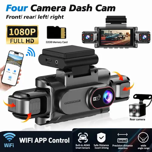 BCUOZ 4-Channel 360° WIFI Dash Cam Kit, 1080P Full HD, Front Rear Left Right Coverage, Super Night Vision, WDR, G-Sensor, With Free 32GB Memory Card, Auto Parts / Car Dashboard Camera / Safe Driving Black Box