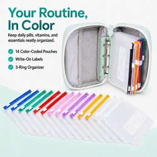 A8 Waterproof Zippered Fabric Pill Organizer Set - Large Weekly Reusable Pack with 14 Pouches, Write-On Labels, Portable for Fish Oils, Vitamins, Travel, Home Organization Needs