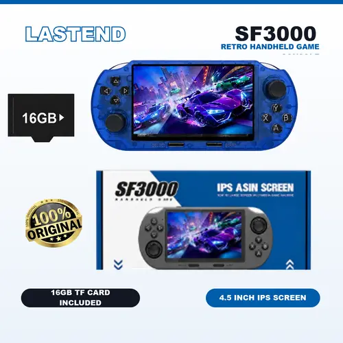 LASTEND SF3000 Compact Handheld Retro Game Console, 2026 New Transparent Blue, 4.5" IPS Screen, Rechargeable Portable Gaming Device with 16GB TF Card Protection Compact Connection
