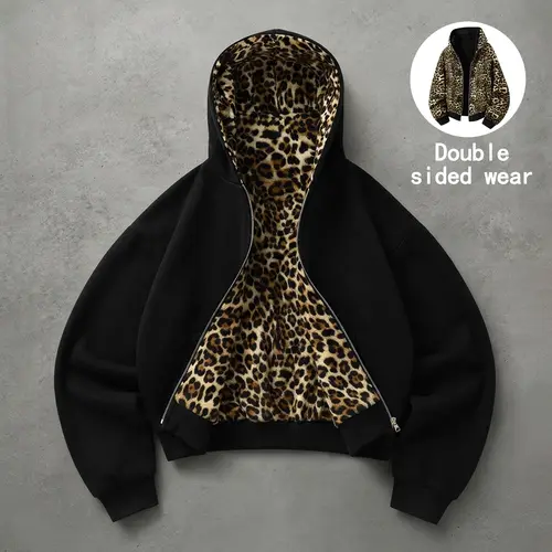 Unisex cotton zip-up hooded jacket with leopard print lining, reversible for both front and back wear; loose long-sleeve sweatshirt jacket for autumn/winter, retro street casual top.