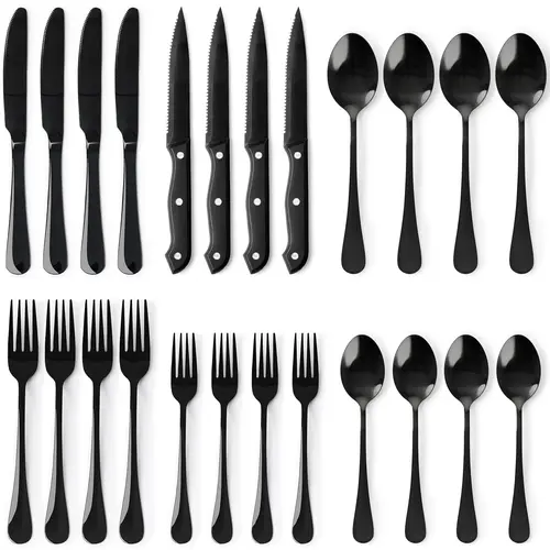 Astercook 24-Piece Stylish Black Silverware Set with Steak Knives, Food-Grade Stainless Steel Dinner Utensil Set for 4, Mirror Polished Finish Cutlery for Home Kitchen, Utensils