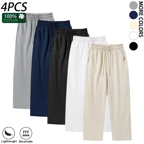 Men’s 100% pure cotton wide-leg casual pants, available in packs of 4/3/2/1, drawstring elastic waistband, loose straight-cut long pants, lightweight for summer everyday streetwear, with pockets