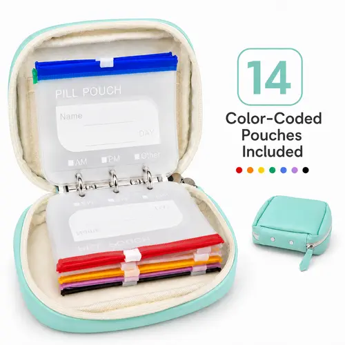 A8 Waterproof Travel Pill Pouch Set - Large Weekly Pill Organizer with 14 Color-Coded Reusable Zippered Pouches, Travel-Friendly Storage for Fish Oils, Vitamins