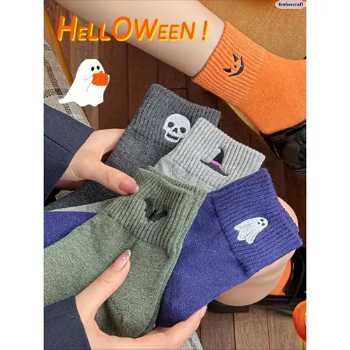 Women's 5-Pair Viral Cute Halloween Crew Socks Set, Calf-High Knit, Soft Stretch Warm Playful Print Pumpkin Ghosts, Fall Winter Essentials for Adults, Whimsical Gifts