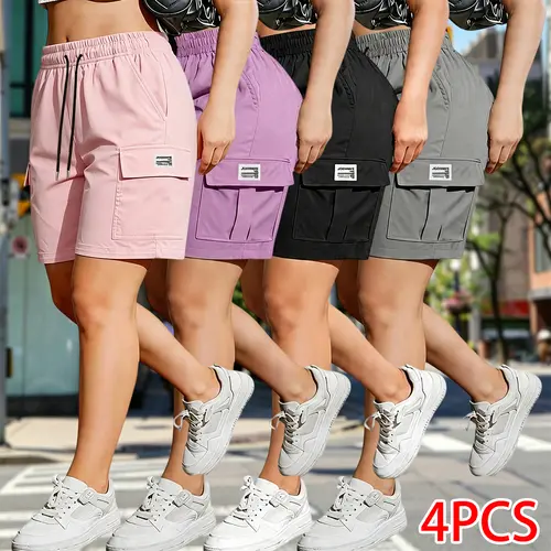 Pack of 4 women’s outdoor cargo shorts—breathable, quick-drying, multi-pocket design, solid color, drawstring elastic waistband; suitable for outdoor sports and casual wear; summer shorts, women’s shorts.,back to school shopping