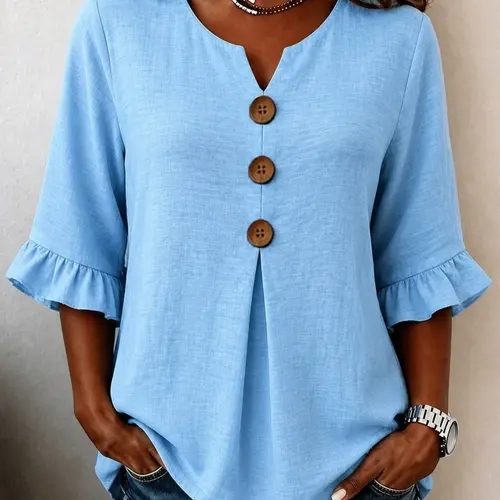 Women's Plus Size Solid V-Neck Shirt Blouse, Loose-Fitting Ruffle Sleeve Button-Up Top, Casual Vacation Wear, European and American Style