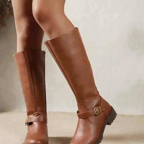 Women's Low-Heel PU Leather Long Boots, Stylish Casual Western-Inspired Motorcycle Boots, Round Toe and Side Zipper Design, Perfect for Daily Wear