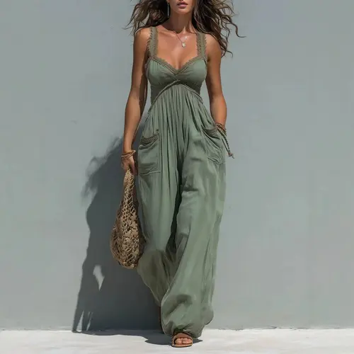 Women's 1 Piece Jumpsuit, Plus Size Solid Strapless Bandeau, Sleeveless Flowy Wide Leg for a Beach Holiday, One Piece Jumpsuits