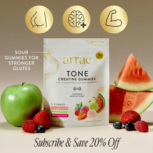 arrae Tone Variety Creatine Gummies | Assorted Sour Flavors (Watermelon, Green Apple, Mixed Berry)| Gut-Friendly Formula for Energy, Cognitive Health, Post-Workout Recovery