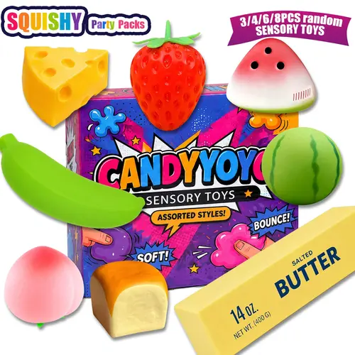 3/4/6/8PCS Stress Relief Fun Toy Set, Sensory Stress Reliever, Squeezable Sensory Combo Pack, Squishy Fidgets, Cheese Strawberry Banana Butter Stick Watermelon Peach Toys, Kids Party Gift