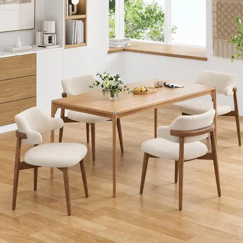 Sepnine Ergonomic Upholstered Dining Chairs Set of 4, Wooden Armrest Indoor Chairs, Assembly Required Farmhouse Style Seating for Small Spaces & Cafes, Beige, Kitchens