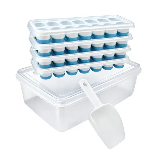 DGAPHRO Silicone Ice Cube Tray Kit with Lid, Bin & Scoop - 4-Pack 56-Grid Stackable Freezer Kitchen Gadgets for RV Camping, Aesthetic Iced Drinks (Blue, Renter-Friendly Space-Saving Storage)