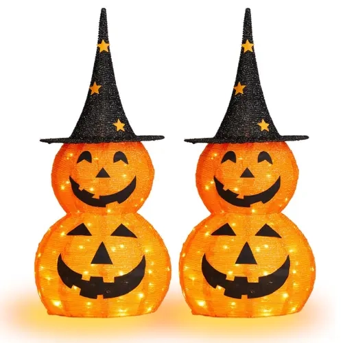 Ubesgoo 5FT Spooky 3-Tier Stack Artificial Pumpkin Ornament - Luminous Lightweight Collapsible Stretchable Jack-o'-Lantern with Witch Hat, 100 Warm White LED US Plug Light, Easy Install for Halloween Decoration, Outdoor Holiday Decorations, Event Venue