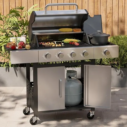 Aoxun 4-Burners Stainless Steel Freestanding Barbecue with Side Burner, 49000 BTU, Cast Iron Grates, Side Tables & Easy-Clean Design, for Backyard Family BBQ Setup, Outdoor Cooking BBQ Camping, Black & Silvery