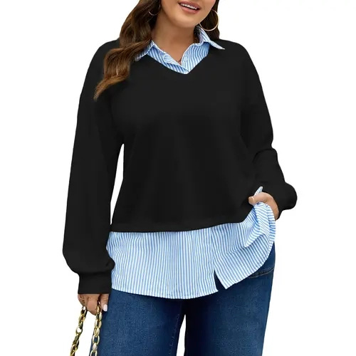 Eytino Plus Size Women's 2-in-1 Layered V Neck Sweatshirt with Striped Shirt Collar & Hem Loose Long Sleeve Preppy Pullover Top (1X-5X) Hoodie Womenswear