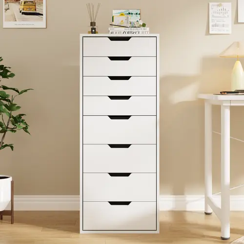 VOWNER 8 Drawer Makeup Storage Cabinet, Tall Vanity Organizer with Large Capacity Drawers for Cosmetics, Skincare, Jewelry, Beauty Supplies, Bedroom, Bathroom, White