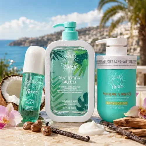 SOLO EN IBIZA Mallorca Breeze 3-Piece Bath & Body Layering Set, 6.1 fl oz (180ml) Fragrance Mist, 16.9 fl oz (500ml) Body Lotion & Body Wash, Tropical Gourmand Scent with Coconut Cream, Warm Vanilla & Toasted Praline, Multiple Scent Options