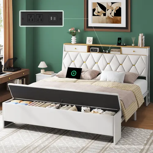 TryLazy Storage Bench Bed Frame with Charging Station and Ottoman Storage, Metal Platform Bed with Storage Headboard, Luxury Leather Headboard, Heavy-Duty Slats, No Box Spring Needed, Easy Assembly
