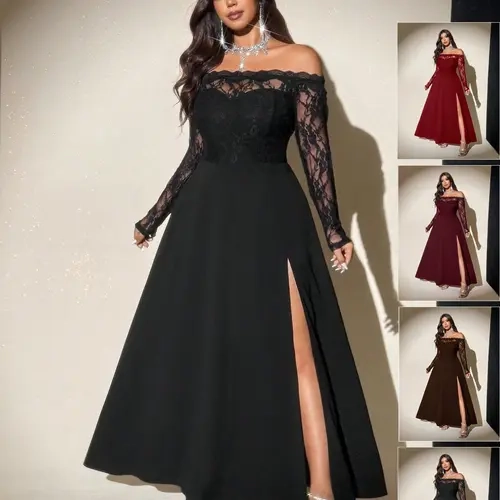 Plus Size off Shoulder Lace Maxi Dress, Long Sleeve Floral Bodice, High Slit Flowy Formal Gown, Dress for Weddings & Parties, Wedding Guest Dress