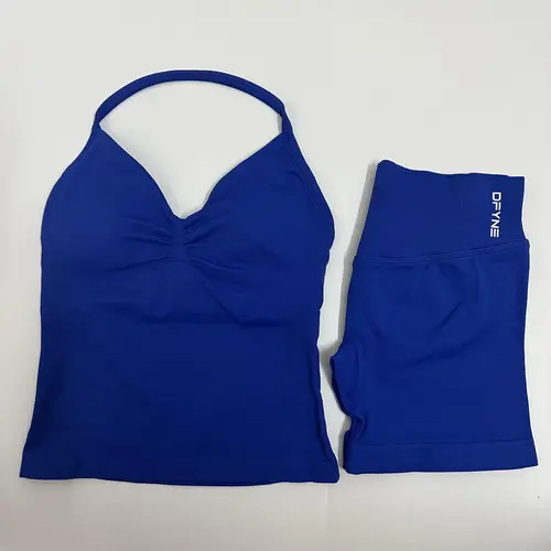 Women's Full Logo 2-Piece Fitted Impact Seamless Sports Clothing Set - High-Waisted Scrunch Shorts, Padded Halter Light Supportive Sports Bra, Women's Clothes for Gym OOTD, Workout
