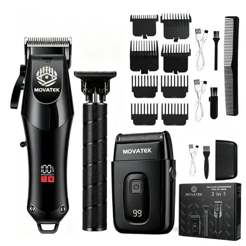 MOVATEK Men's 3-Piece Professional Barber Hair Clipper & Detail Kit - Cordless Trimmers Set, 650g, USB Fast Rechargeable, LCD Digital Display, Multi-Size Adjustable Blades, Barber Equipment for Home Salon Use