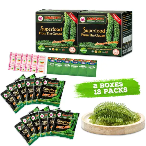 4 S.BOXES Longevity Dehydrated Sea Grapes - COMBO 4 S.BOXES 8 Packs Green Caviar Umibudo Latok Seaweed Organic Premium Quality Crunchy Flavor Superfood From The Ocean