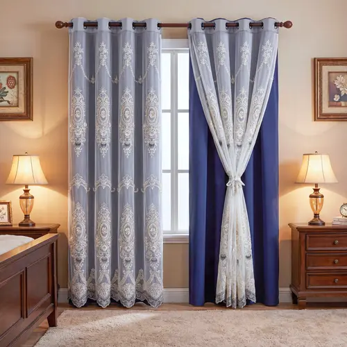 4 Panels Combination Grommets Curtains Including : 2 Panels 52x84 inch Solid Blackout Curtains & 2 Panels 52x90 inch Luxuary Embroidery Curtains QF222 QF78 noise reduction