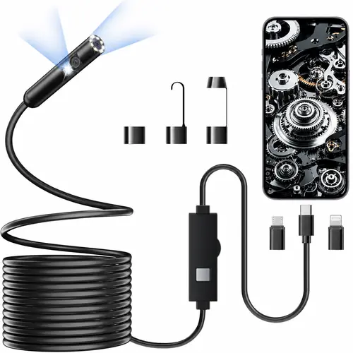 Dual-Lens Endoscope Camera with Light, 1920P HD Borescope Tools with 8 Adjustable LED Lights, Endoscope with Semi-Rigid Snake Camera, Inspection Borescope for iOS and Android - 16.4ft