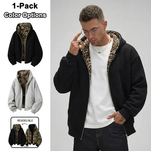 Men’s cotton-blend zip-up leopard-print hoodie sweatshirt, reversible design, casual sweatshirt, faux two-piece tracksuit with sweatpants, street-style hooded jacket, suitable for streetwear and everyday wear