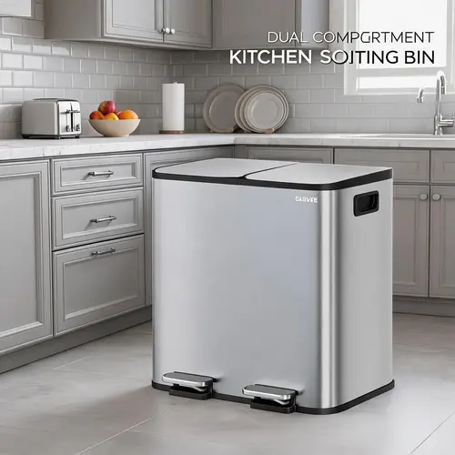 Garvee Modern 30L Stainless Steel Step-Pedal Kitchen Trash Can - Dual 15L Compartments Recycling Organizer, Odor-Sealing Soft-Close Lid, Removable Plastic Inner Buckets with ABS Functionality for Home Cleaning, Craft Room, Laundry Use, Trash Storage Can,