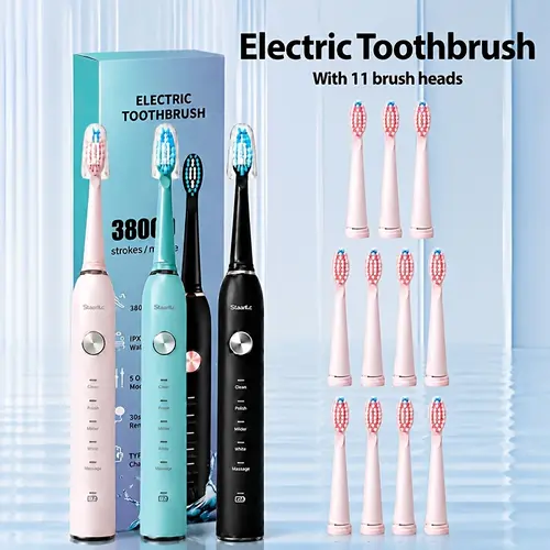 Staaricc IPX7 Waterproof Sonic Electric Toothbrush for Adults - Couple Set, Metal Shaft, USB-C Direct Charging, Ergonomic, Intelligent Timer, 30-Second Quadrant Reminder, 11 Heads, Deep Cleaning, Shower Safe, Brightening, Rechargeable, Usb-C Charge, 30 Se