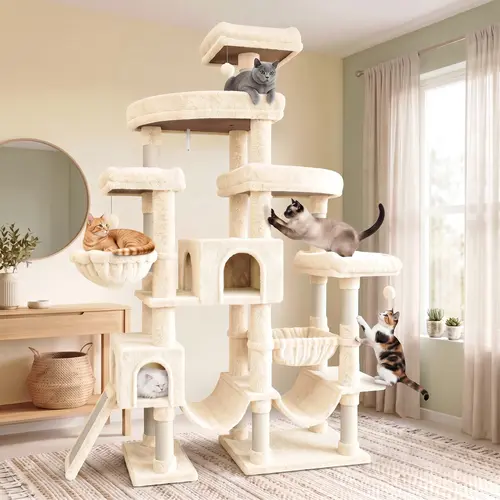 SHA CERLIN Leopard Print 82-Inch Heavy Duty Cat Tree Tower, 6 Spacious Tiers Multi-Level Condo with 2 Curved Beds, XL Luxury Top Perch, Hammock, Angled Ladder & Dense Plush Fabric for Indoor Extra Large Cats, 82 Inches