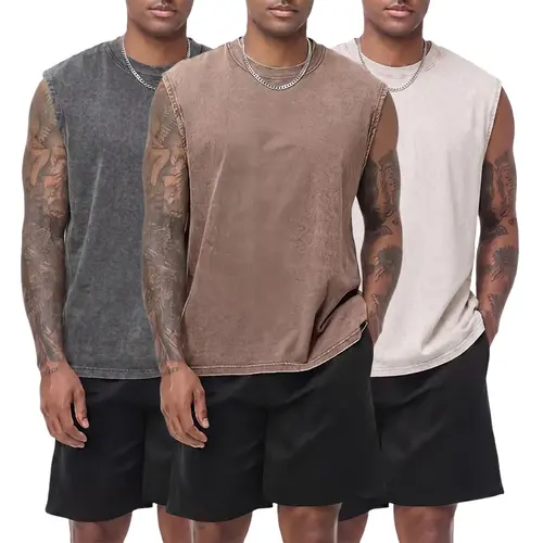 3-pack vintage textured pure cotton sleeveless T-shirts with a distressed wash; crew neck, wide shoulders; casual athletic base layer tank tops for sports, leisure, fitness, running, and basketball.