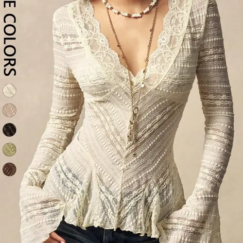 Women's Wave Lace Trim V-Neck Shirt, Long Flared Sleeve Sheer Texture Ruffle Dress Top, Boho Vintage Elegant Layering Blouse, Perfect for Dates, Brunch, Streetwear, Vacation