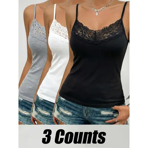 Women's 3-Pack Minimalist V-Neck Lace Trim Camisole Tank Tops, Solid Fitted Stretchable High-Stretch Polyester Base Layer, Lightweight Sleeveless for Casual Daily Wear & Sports