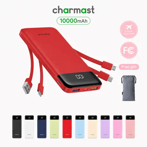 charmast 22.5W 10000mAh Fast Charging Portable Charger,Built-in 4 Cables,6 Outs 4 Ins,Flight-Safe Travel Essential,Quick Charge Power Bank for iPhone Samsung Google Pixel