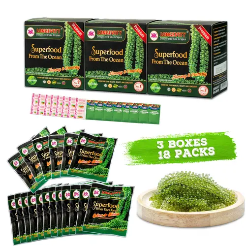 6  S.BOXES Longevity Dehydrated Sea Grapes - COMBO 6 BOXES 12 Packs Green Caviar Umibudo Latok Seaweed Organic Premium Quality Crunchy Flavor Superfood From The Ocean