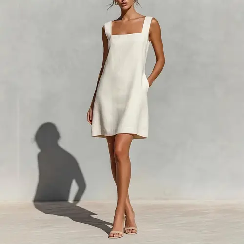 Summer simple, fresh and elegant square neck pocket solid color loose vest sleeveless dress