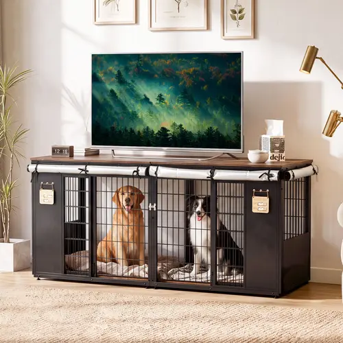 ZZWHOM Premium Double Solid Square Slat Wooden Dog Crate - Double Door Escape-Proof Indoor Enclosure Crates & Kennels for Medium-Giant Breeds, Lockable, Top Loading, Non-Skid, Excellent Ventilation, Minimal Assembly, Durable Pet Furniture, Multiple Sizes