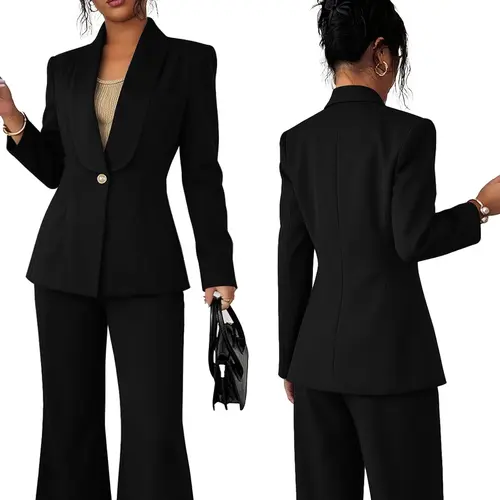 Women's Shawl Collar Tailored Long Sleeve Blazer & Wide Leg Pants Set, Chic Elegant Suits, Wrinkle-Resistant Professional Business for Work & Events