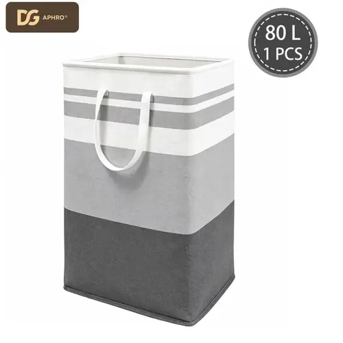 DGAPHRO Minimalist Laundry Hamper, 80L Freestanding Striped Cotton-Flax Basket with Waterproof Odour Control Lining for Bathroom and Kid's Room, Kid Room, Modern, Collapsible, Long Handle