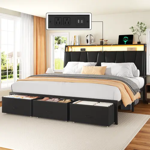 Upholstered Metal Platform Bed Frame with LED RGB Lights, Storage Headboard, 2 Drawers, Heavy-Duty Slats, No Box Spring Needed, Easy Assembly for Modern Bedroom (Storage Bed) bed frame queen size bed frame king size bed frame bed frames for queen