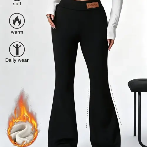 New Women's Autumn-Winter Fleece-Lined Flared Leggings - High-Elastic Slimming Sport Pants with Warm Tummy Control, Butt Lifting & Versatile Style, Polyester Comfy Active Bottoms for Everyday Wear (TikTok Shop Back to School), Women's Clothes, Leggings Wo