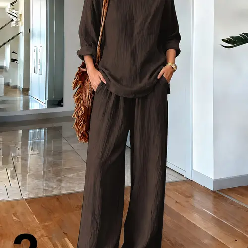 Women's Spring Fall Casual Set, Linen-Style Plain V Neck Long Sleeve, Daily Commute Vacation Home Office, Trendy Fashion Streetwear, Breathable, Clothes