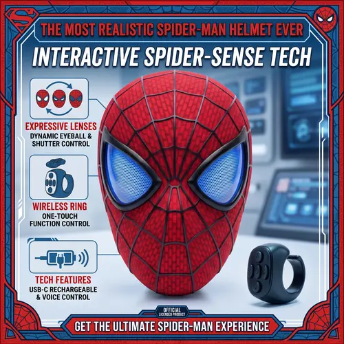 Marvel 1:1 Scale Spider Mask for Adults, Remote Control Plastic Mask with Skin-friendly Red & Blue LED Lights (26x19x11cm) - Ideal for Halloween Cosplay