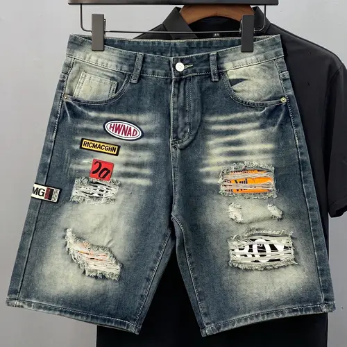 Men's Distressed Denim Shorts,Retro Multi-Patch Ripped Jorts,Y2K Streetwear Medium Wash Blue Jean Shorts,Summer Casual Loose Straight Skater Bottoms