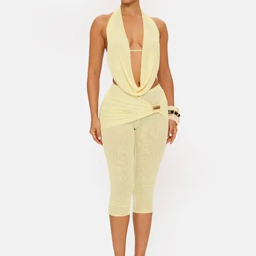 Women's Plain Deep V-Neck Backless Top & Ruched Fitted Cropped Pants Set, Faux Two-Piece Design, Perfect for Parties & Gatherings Outfits Set